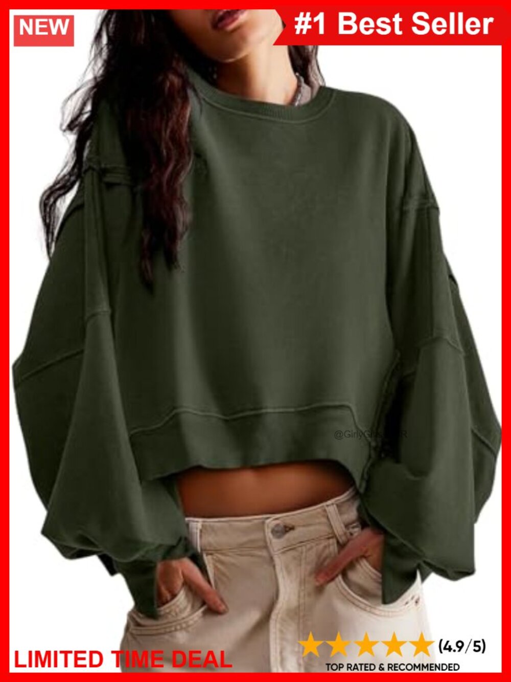 Women's Loose Fit Crop Sweatshirt Long Sleeve Crew Neck Pullover